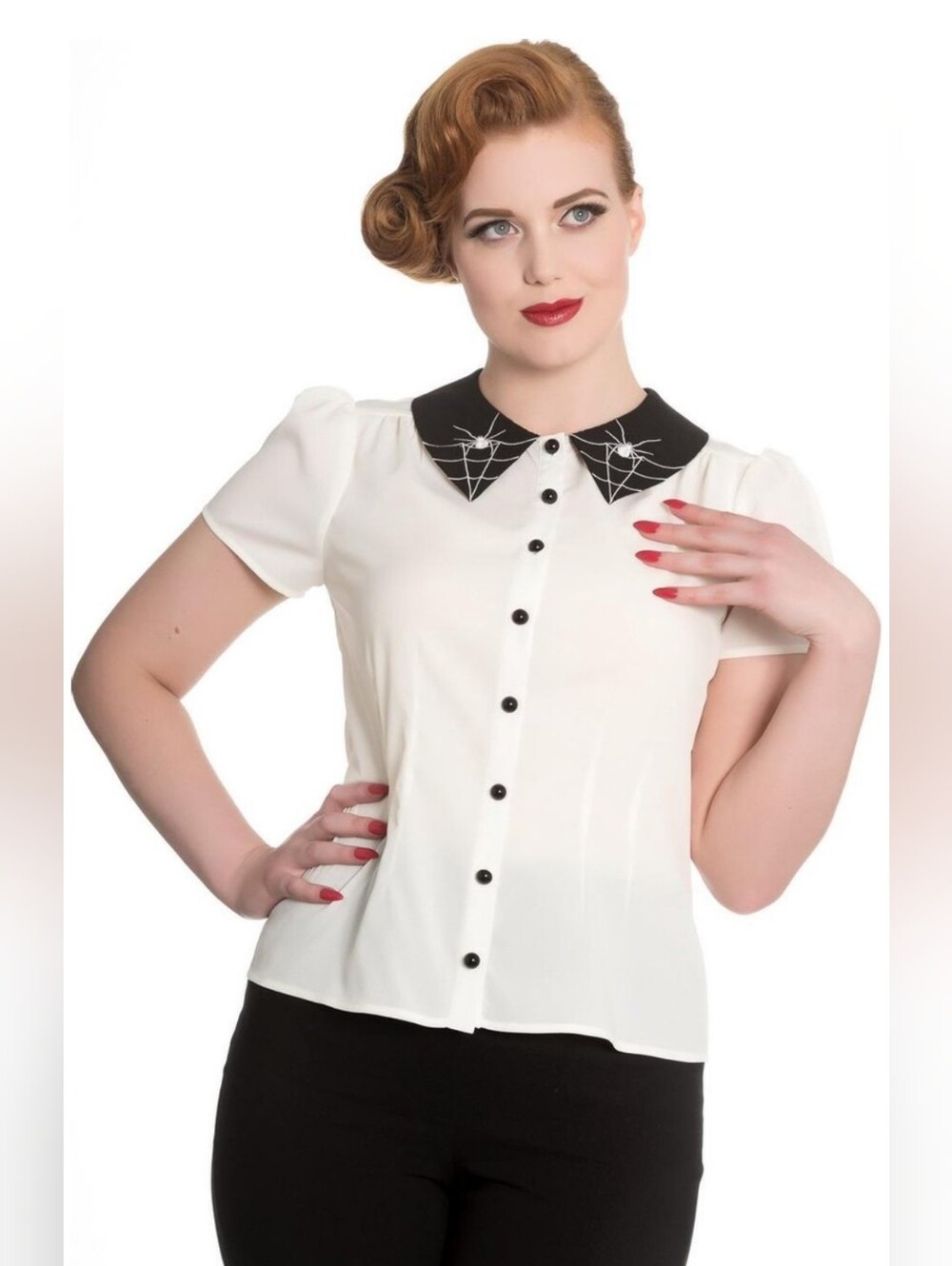 Hell Bunny White & Black Spider Blouse Peter Pan Collar